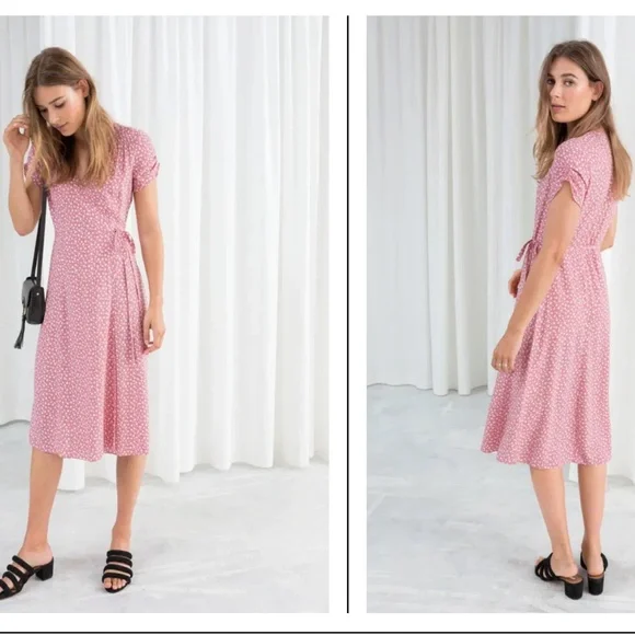 & Other Stories Pink Floral V Neck Wrap Midi Dress Ruched Puffed Sleeves SZ 6 - Picture 3 of 14